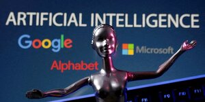 L'illustration montre les logos de google, microsoft et alphabet et les mots ai (intelligence artificielle)