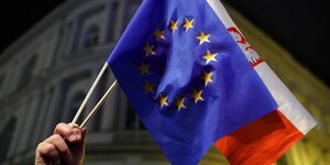 Les drapeaux de l'ue et de la pologne photographies lors d'une manifestation contre les reformes du systeme judiciaire polonais a varsovie