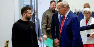 Republican presidential nominee and former U.S. President Donald Trump and Ukraine's President Volodymyr Zelenskiy meet at Trump Tower in New York City, U.S., September 27, 2024.